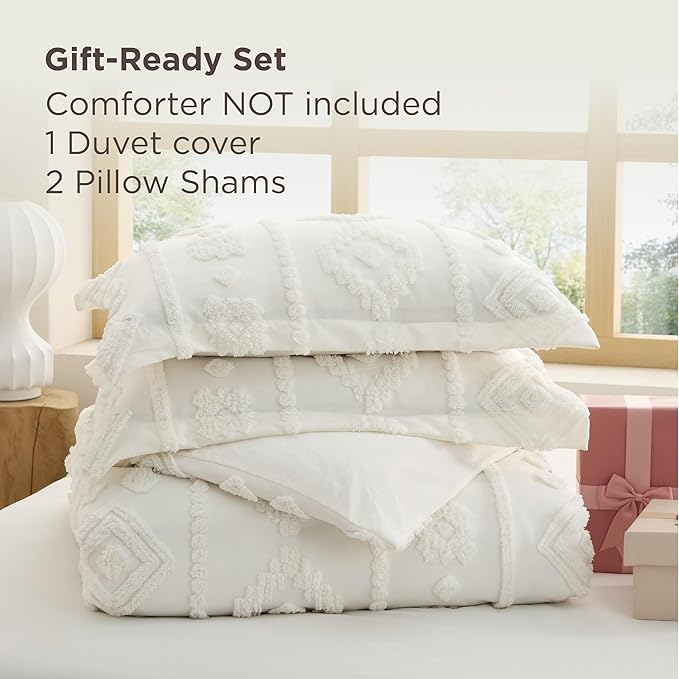 Bedsure Boho Duvet Cover King - White Tufted Boho Bedding, Farmhouse Shabby Chic Embroidery Bedding for All Seasons, 3 Pieces, 1 Soft Jacquard King Comforter Cover and 2 Pillow Shams