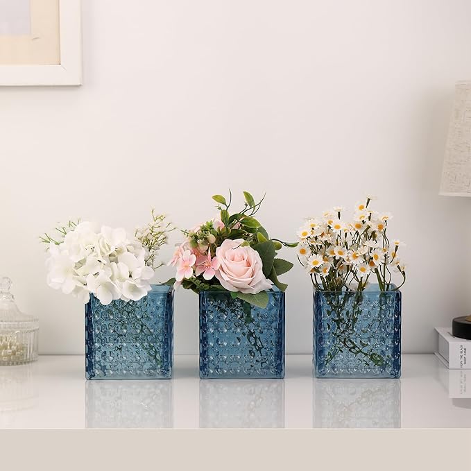 Square Vases Set of 6, 4" x 4" x 4" Square Glass Vases for Flowers, Blue Flower Vase for Centerpieces, Small Bubble Vase for Wedding, Party, Home, Office, Parties, Events