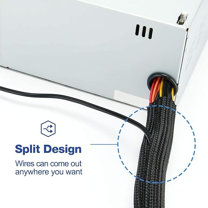 3/4" 25ft Expandable Braided Cable Sleeve Split Wire Loom Tubing – Pet-Proof Cord Protector for USB, Power Cords, Audio/Video Cables – Durable Wire Management Sleeving Black