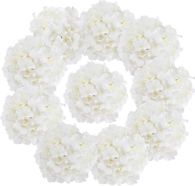 Fake White Hydrangea Artificial Flowers - Faux Silk Hydrangeas Flowers Heads with Stems Real Touch for Home Wedding Party Table Decor(White,Pack of 10)