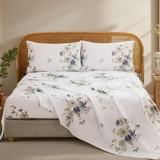 100% Cotton Sheet Set King Size – 4-Piece Vintage Floral Chic Bedding Set, Soft Breathable Percale Weave, Deep Pocket Fitted Sheet 17.5", Crisp Cool Feel, Refined Botanical Elegance