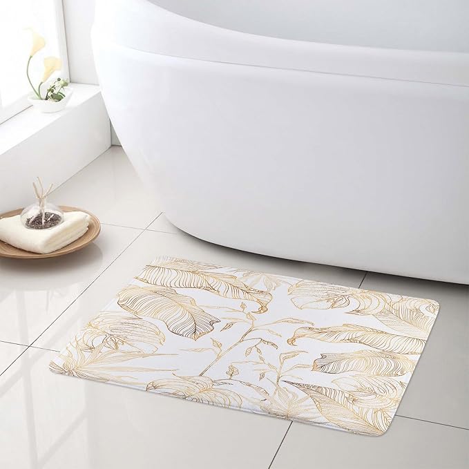 LB Gold Palm Leaf Bath Mat for Bathroom 24x16 inches- Abstract Banana Leaves White Luxury Aesthetic Modern Doormat- Memory Foam Non Slip Absorbent Rug for Living Room Floor Bedroom Door Front