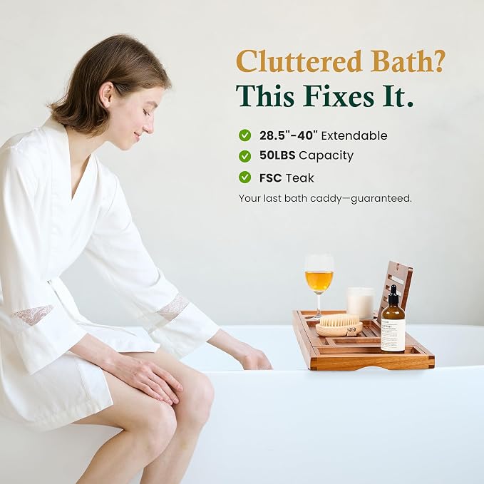 Teak Bathtub Tray, Bath Caddy with Wine Glass Holder, Phone Dock & Book Stand | Hands-Free Reading & Ultimate Spa Relaxation Experience-Natural
