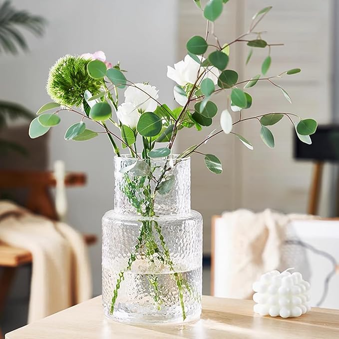Large Glass Vase - Clear Ribbed Vase - Fluted Flower vase for Modern Home Décor - Glass vases for Centerpieces - Living Room, Dining Table, Shelf, Entryway, Office, Wedding Centerpieces