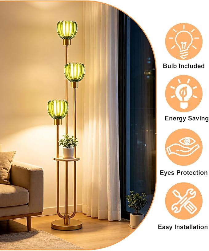 Lightdot 3-Lights Glass Floor Lamp for Living Room Modern Gold Floor Lamps with Lotus Green Glass Shade& Bulbs Included for Wedding/Party Tall Standing Lamp for Bedroom/Sofa Beside/Corner Decor