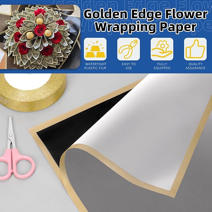 Glarks 52pcs Flower Wrapping Paper Set, Including 40 Sheets White and Black Waterproof Bouquet Wrapping Paper, 10pcs Floral Pick Card Holders, 1 Roll Ribbon and 1pcs Pink Scissors for Flower Shop