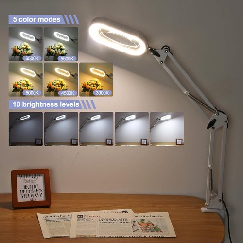 Drdefi 10X Magnifying Glass with Light - LED Lighted, Stepless Dimmable, Hands-Free Desk Lamp | White