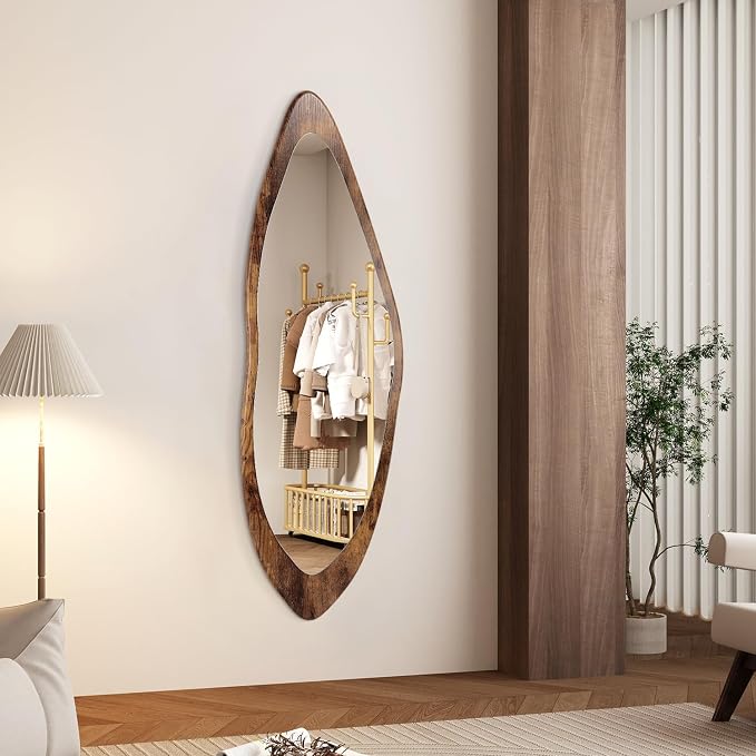 AAZZKANG Large Mirror with Wood Framed 47"x16" Retro Irregular Wall Mirrors Full Length Asymmetrical for Bedroom Living Room Entryway Dressing Room