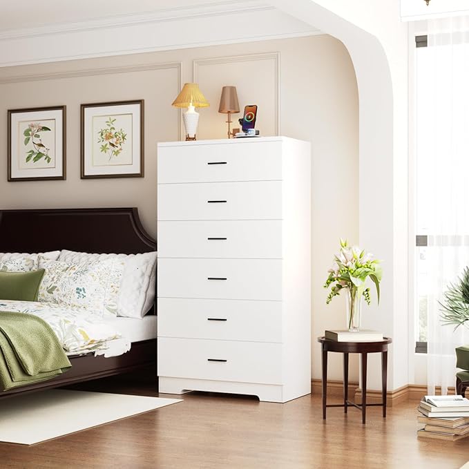 48" Tall Dresser for Bedroom Chest of Drawers with Power Outlets Wood 6 Drawers Dresser with Large Storage Space and Metal Handles Modern Closet Storage Drawer for Living Room Hallway White