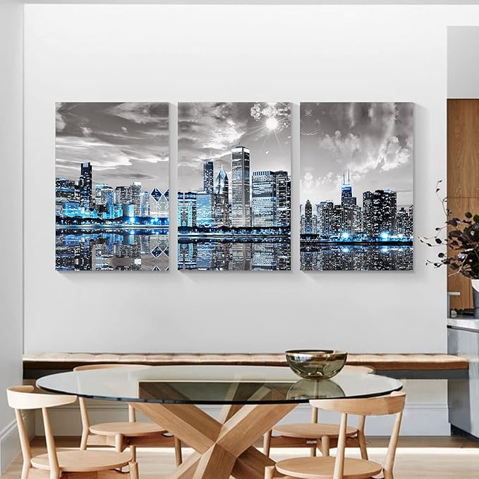 SERIMINO Wall Decor Living Room Modern City Chicago Skyline Large Canvas Wall Art for Bedroom Poster for Office Farmhouse 3 Pieces Set Wood Framed Night Scene Prints Paintings for Home 20"X28"