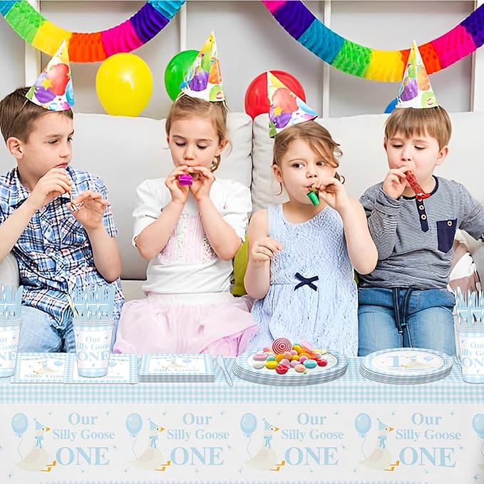 141pcs Blue One Silly Goose Birthday Decorations 1st Birthday Party for Girls Goose Theme Blue Gingham Plates Napkins Forks Knives Straws Tablecloth Cups,Suitable for 20 Guests