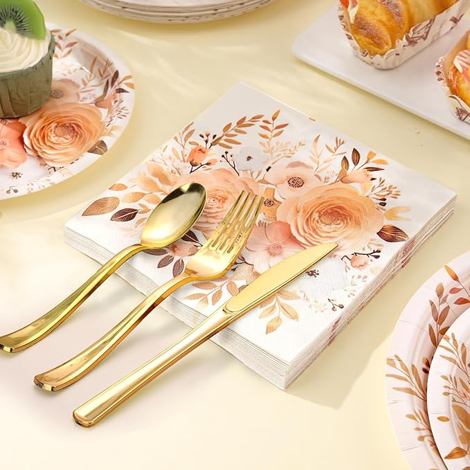 175PCS Floral Plates and Napkins Sets, Floral Party Supplies Plates, Cups, Spoons, Fork, Napkins - For Women Birthday Party Decorations