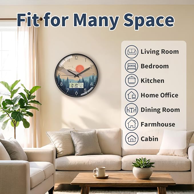 Wilderness Sunset Wall Clock, 14 Inch Silent Non-Ticking Battery Operated Analog Clock with LCD Date Day Temp Display, Decorative for Living Room, Bedroom, Kitchen, Office, Farmhouse, Cabin