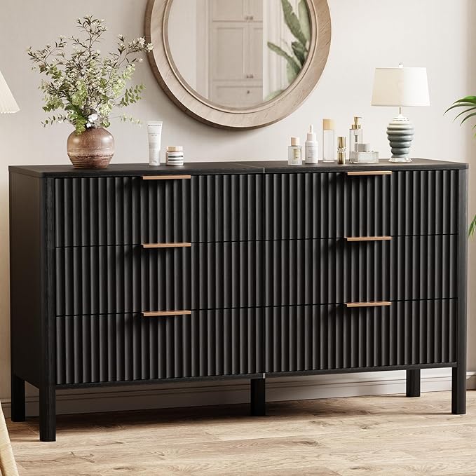 55" Wide Fluted 6 Drawer Dresser for Bedroom, Wooden Dresser Modern Chest of Drawers TV Stand Dressers with Organizer Storage for Bedroom, Living Room, Entryway, Hallway, Black