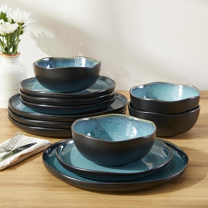 Pokini Stoneware Dinnerware Sets, Kitchen Plates and Bowls Set, Ceramic Dish Set for 4, Modern Chip & Scratch Resistant Dishware Sets, Durable Reactive Glaze Dinner Set, Green Black