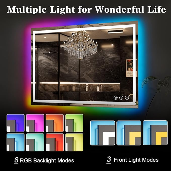 WTTY LED Bathroom Mirror 55"x36" with RGB Backlit and Front Light,Stepless Dimmable LED Mirror for Bathroom,Colored Lighted Bathroom Vanity Mirror,Anti-Fog,Memory Function,Shatter-Proof