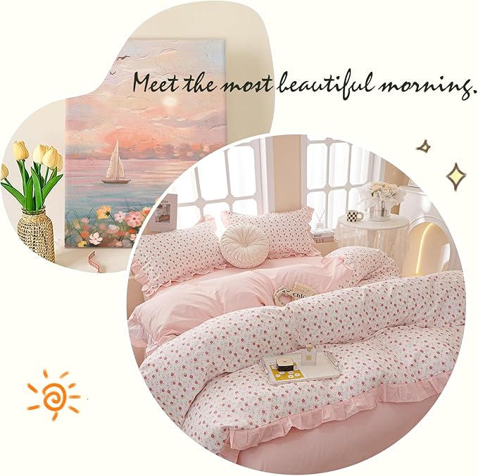 Ruffle Duvet Cover Queen Cute Red Flower Printed Lace Comforter Cover 100% Cotton Floral Duvet Cover Reversible Pink Striped Ruffle Comforter Cover Teen Girls Romantic Princess Bedding Sets Queen