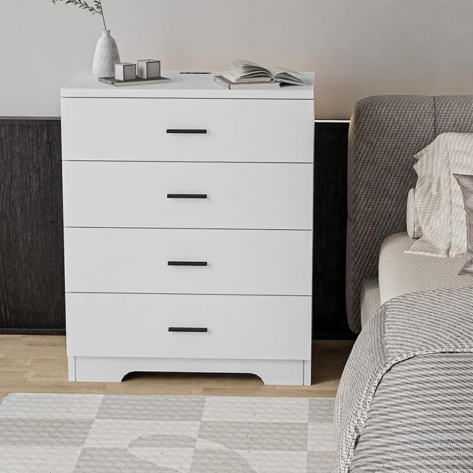 Dresser for Bedroom with Power Outlets Wood 4 Drawer Dresser with Large Organizer Tall Chest of Drawers Closet for Bedroom Living Room Kids Room Hallway