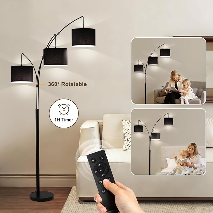 Netin 3 Light Arc Floor Lamps for Living Room, Led Floor Lamp with Remote Control, Modern 80" Tall Standing Lamp, 3 Color Temperature, Mid Century Tree Floor Lamp for Bedroom, Office (Black)