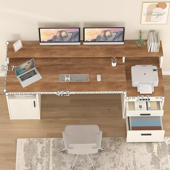 65 Inch Computer Desk with 3 Drawers & Storage Shelves, Executive Desk with File Drawer & Cabinet, Home Office Desk with Long Monitor Stand & Printer Shelf, Antique White