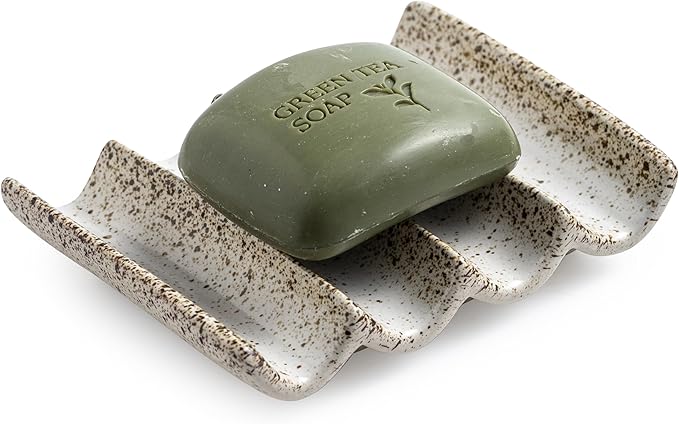 Soap Dish for Shower, Self Draining Bar Soap Holder for Shower, Ceramic Bathroom Soap Saver with Fluted Design, Suitable for Soap Bar, Sponge