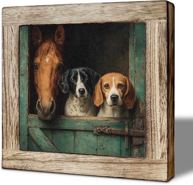 Horse and Dogs Farm Animal Wooden Desktop Sign, Rustic Farmhouse Stable Wood Plaque Tabletop Decor, Country Animal Wooden Sign for Home Office Shelf