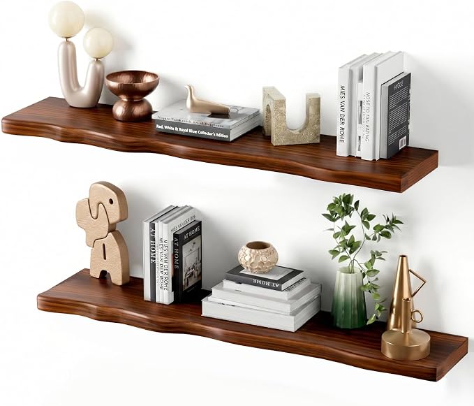 Solid Wood Live Edge Floating Shelves Set of 2 – 36" Rustic Wall Shelf with Hidden Bracket System, Wall Mounted Shelves for Bathroom, Kitchen, Living Room, Bedroom (Walnut)