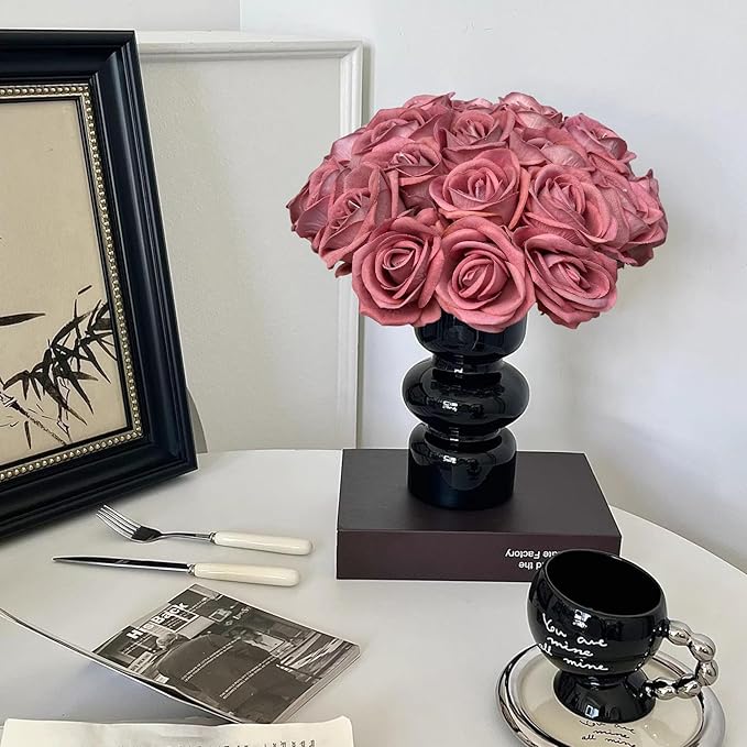 FagusHome 30 Pcs Silk Rose Artificial Flowers Roses Bulk Bouquet Fake Flowers Rose Heads with Stems for Home Wedding Decor (Dark Pink)