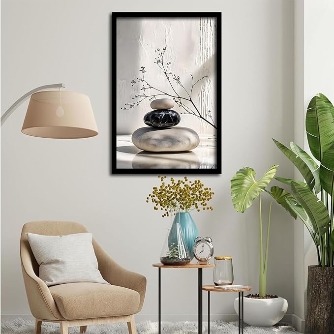 Gray and black stone pile and dried flowers poster canvas wall art in harmony Minimalist wall art for tranquil homes and mindful spaces 8x12in Metal blackFramed