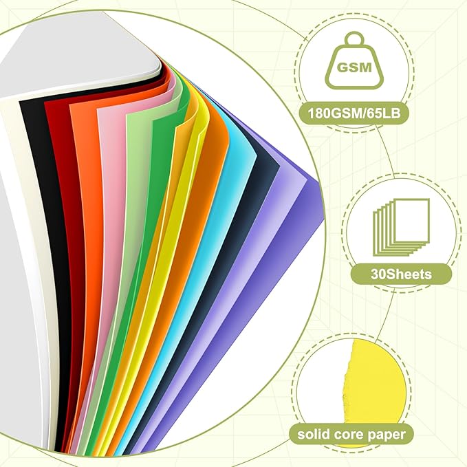 30 Sheets Cardstock 8.5x11, 65lb Colored Card Stock, 15 Assorted Colors Construction Paper, 180gsm Thick Printer Paper for Printing, Painting, Card Making, Kids School Supplies,Party Decorations