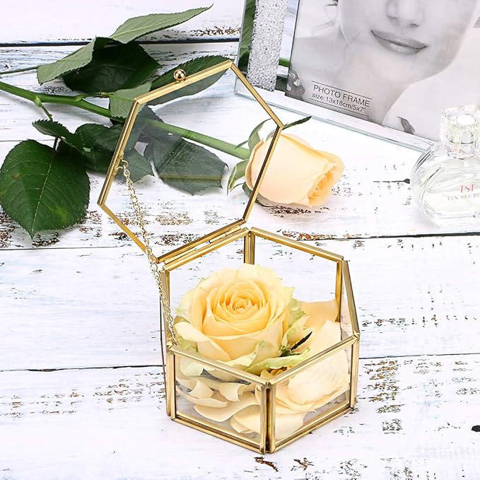 Hipiwe Preserved Flower Glass Box, Hexagon Glass Jewelry Decorative Bin, Ornate Trinket Display Organizer Case Keepsake Box Gift for Women