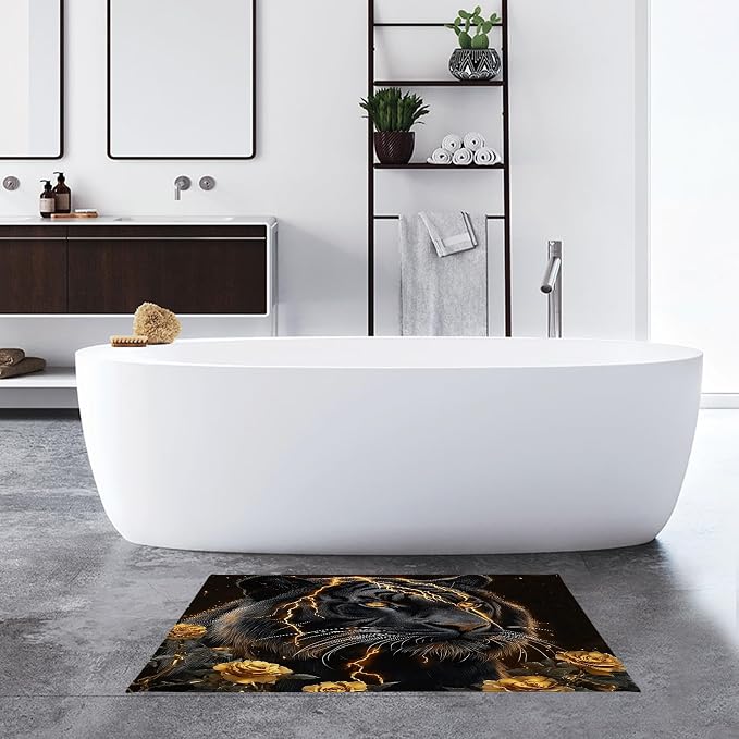 LB Black Gold Tiger Bath Mat for Bathroom- Aesthetic Gold Rose Floral Non Slip Doormat- Abstract Animal Absorbent Memory Foam Living Room Bedroom Door Front Floor Area Rugs,31.5x19.6 Inch