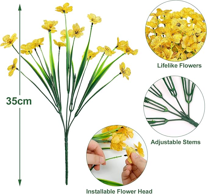 Ouddy Decor 24 Bundles Artificial Flowers for Decorations Fake Silk Plants for Outdoors UV Resistant Faux Plastic Greenery Stems for Garden Porch Window Box Home Spring Decor, Yellow