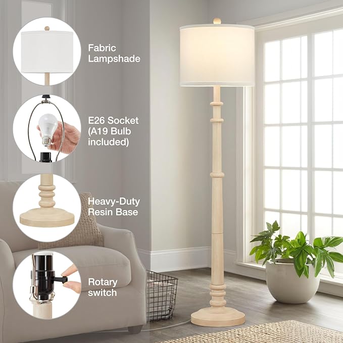 Floor Lamps for Living Room - 60" Resin Farmhouse Floor Lamp with Adjustable Color Temperatures - Vintage Standing Lamp Reading Light with Linen Shade Rustic Tall Lamp for Bedroom Office, Oatmeal Wash