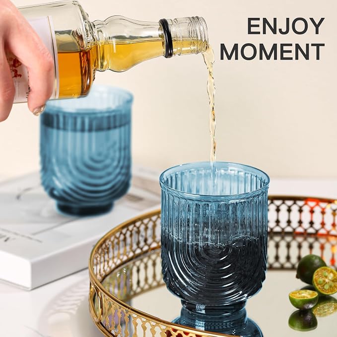 JOVGANK Blue Vintage Glassware Set of 6-14Oz Blue Water Drinking Glass, Art Deco Ripple Highball Glass, Whiskey Cocktail Glasses, for Bar Ice Coffee Juice, Housewarming Gifts and Mother's Day Gift