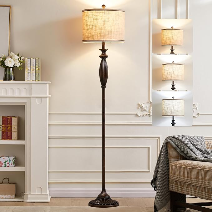 63.8" Vintage Floor Lamp with Rotary Switch, Dimmable Color Temperature Standing Lamp, Retro Farmhouse Floor Lamps for Living Room, Bedroom, Hallway, Office, Room Decor, Antique Black (Bulb Included)