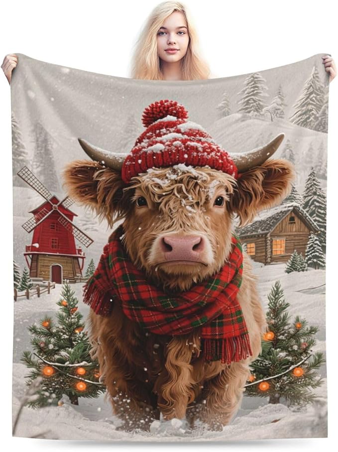 Highland Cow Blanket Christmas Cattle Throw Blanket Winter Snow Soft Cozy Fleece Fuzzy Stuffed Plush Farm Animal Flannel Gifts for Girls Women Boys Kids Adults 40''x50''