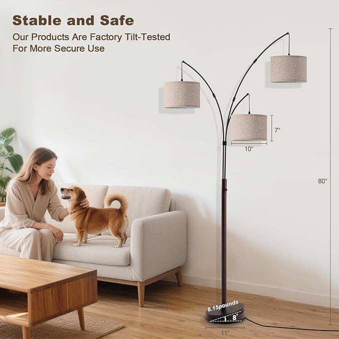 Netin 3 Light Arc Floor Lamps for Living Room, Dimmable Floor Lamp with Remote Control, Modern 80" Tall Standing Lamp, 3 Color Temperature, Mid Century Tree Floor Lamp for Bedroom, Office (Brown)