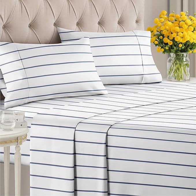 Striped Sheets - Navy Blue & White Striped Sheets - 1 Flat & 1 Fitted & 2 Pillowcases w/ Deep Pockets – Wrinkle & Fade Free - Soft, Breathable & Cooling – Luxury Pinstripe Bedding - Full Size Bed Set