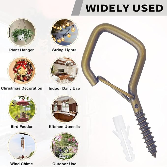 Sexoeie 10 PCS Eye Screw Hooks for Hanging Heavy Duty with Safety Buckle.Metal Ceiling Hooks for Hanging Plants,Cup,Wind Chime,Bird Feeders,String Lights at Indoor&Outdoor,2.36 Inches Black