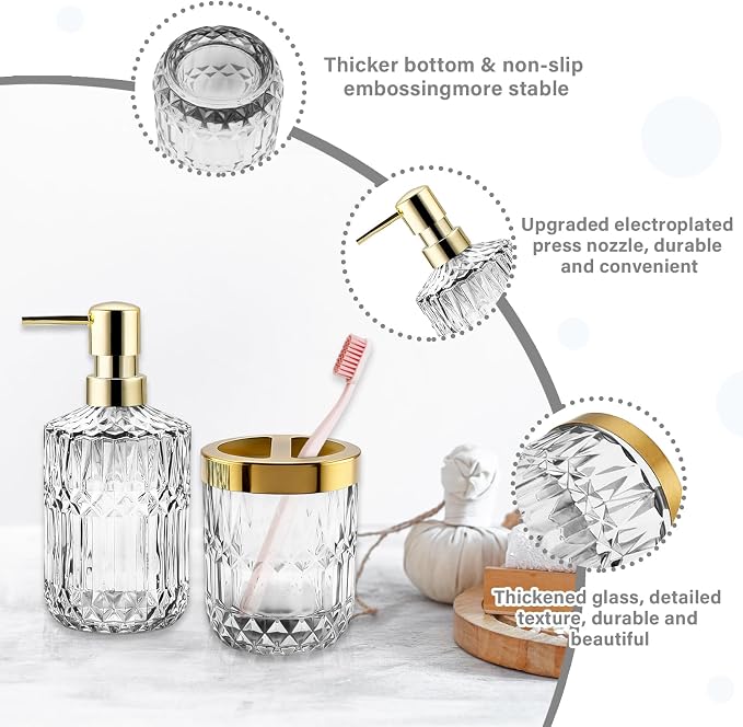 2Pcs White Bathroom Accessories Set, Glass Bathroom Accessories, Vintage Bathroom Countertop Decoration Includes Soap Dispenser, Toothbrush Holder