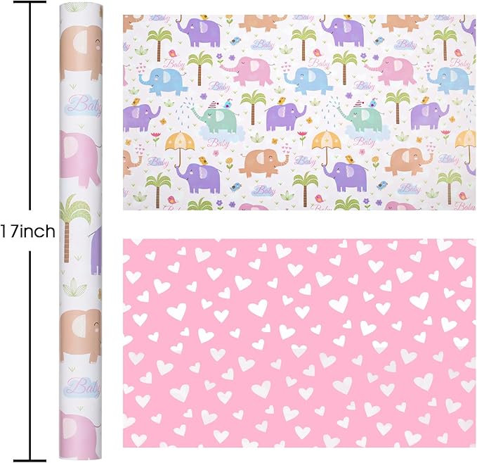 Homeral Girl Baby Shower Wrapping Paper Roll - Baby Elephant & Pink Heart Pattern, Reversible Newborn Gift Wrap for 1st Birthday, Party - Mini Roll - 17 Inch x 33 Feet