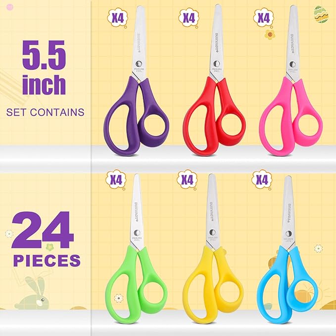 BURVAGY 24Pack 5.5" Safety Small School Kids Student Round Blunt Tip Craft Scissors Bulk, Stainless Steel Blades Comfort Grip Scissors for Kid Children Kindergarten Cutting Paper