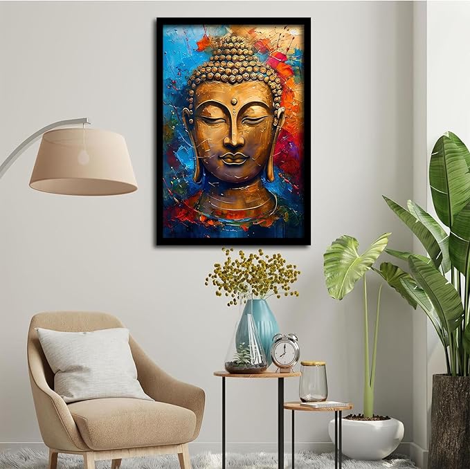 Golden Serenity Buddha Vintage Painting Wall Art Spirituality and Modern Art Wall Decor Adds Brilliance to Vibrant Home Decor 24x36in Metal blackFramed