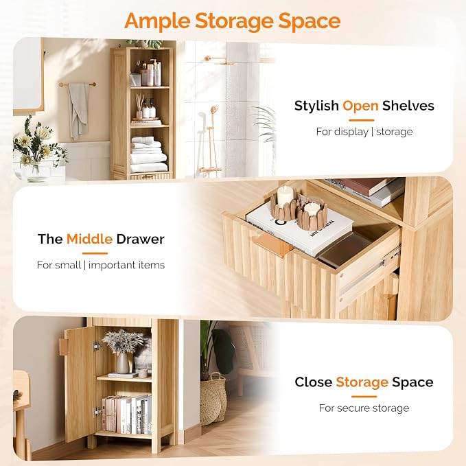 VINGLI Narrow Fluted Bathroom Floor Skinny Storage Cabinet with 1 Fluted Door&Drawer,68" Tall Narrow12 Inch Deep Slim Bathroom Storage Cabinet for Small Space w/3 Adjustable Shelves,Natural Oak Color