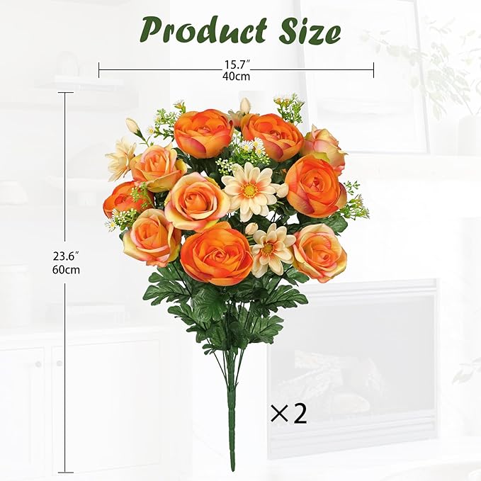 Hollyone Set of 2 Artificial Cemetery Flower for Graves Orange Cemetery Memorial Flowers for Outdoor Grave Decorations Silk Flower Arrangements Rose Ranunculus Gerbera Floral Flowers Bouquets