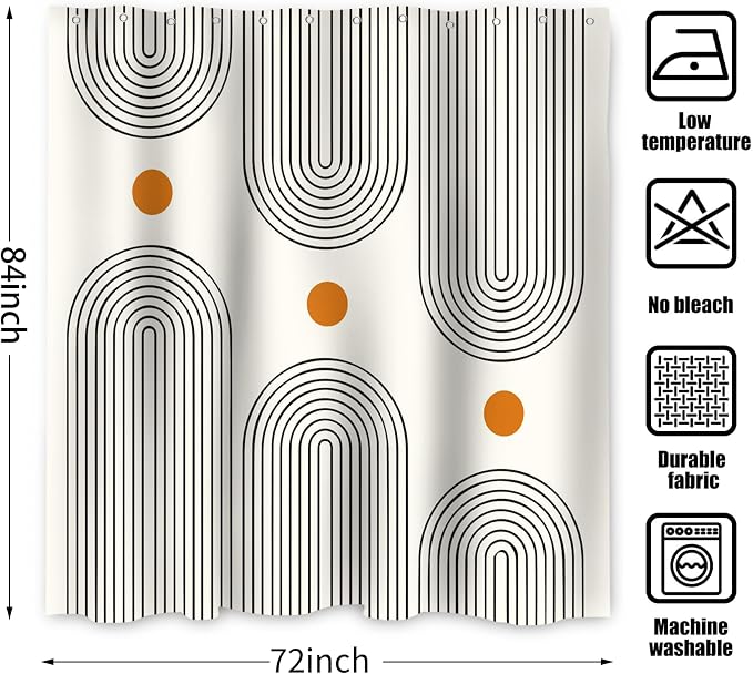 Boho Mid Century Extra Long Shower Curtain, Modern Abstract Arch Sun Ivory Machine Washable Waterproof Fabric for Bathroom Decor Bathtub with 12 Hooks 72Wx84H