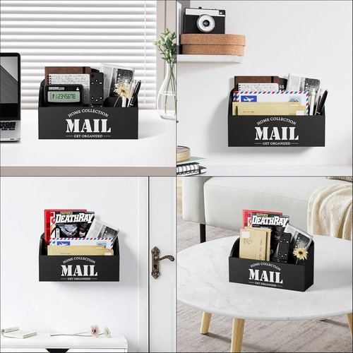 Mail Organizer | Skiennix 2-Slot Mail Holder - Stylish Black Wood Desk Sorter for Home Office
