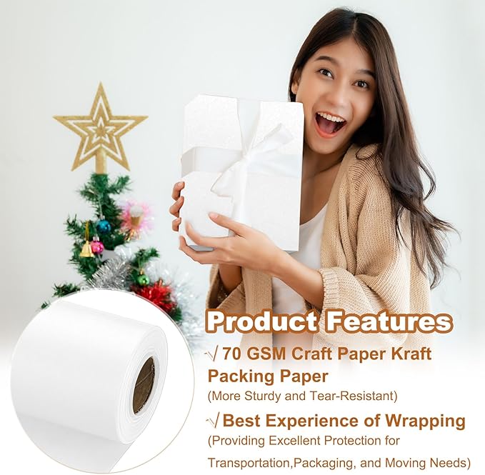 PATIKIL Wrapping Paper, 17" x 600"(49') 70 GSM Craft Paper Roll Kraft Packing Paper for Poster Bulletin Board, Gift Wrapping, White