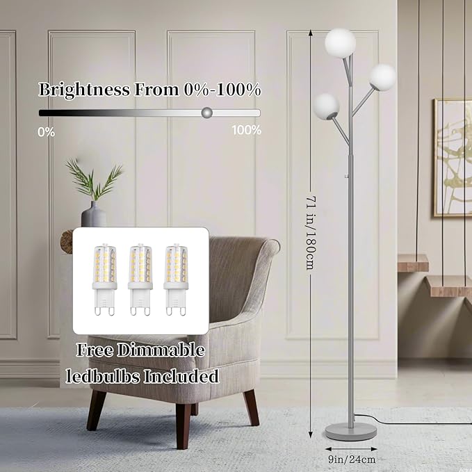 Ldeco Dimmable 3-Globe Mid Century Modern Floor Lamp, Bulbs Included,70in Tall Silver Standing Floor Lamp with Frosted Glass Shade for Living Room,Office Bedroom, Study Room, Hotel, (dimmer-Silver)